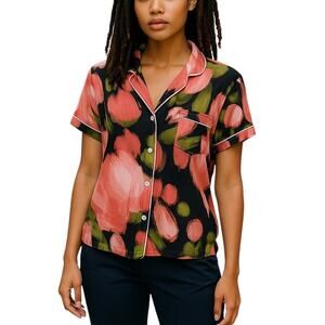 Knix Pink Floral Short Sleeve Black Pajama Top